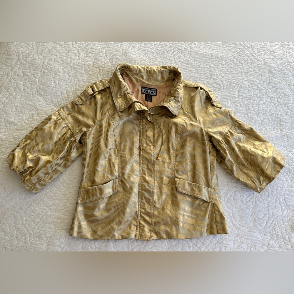 Berek Takako Metallic Gold Blazer Jacket Sz Medium Pockets Full Zip Linen Blend - Picture 2 of 16